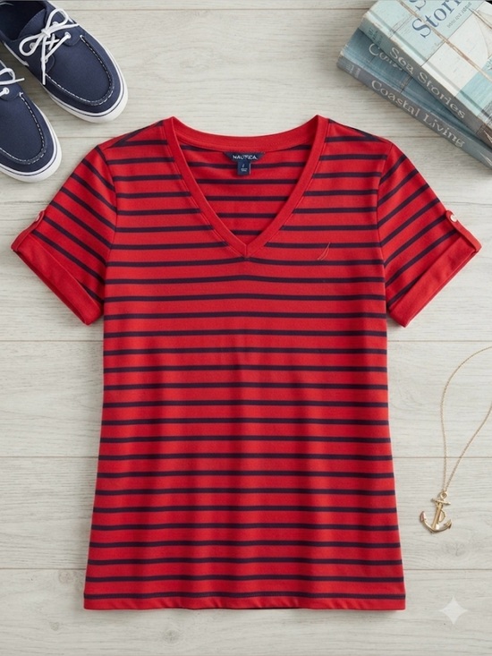 Nautica Tops - Nautica Red and Navy Striped V-Neck Short Sleeve Top